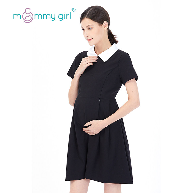 Maternity wear spring and summer slim fit professional dress fake two-piece business OL temperament small black dress short-sleeved breastfeeding skirt