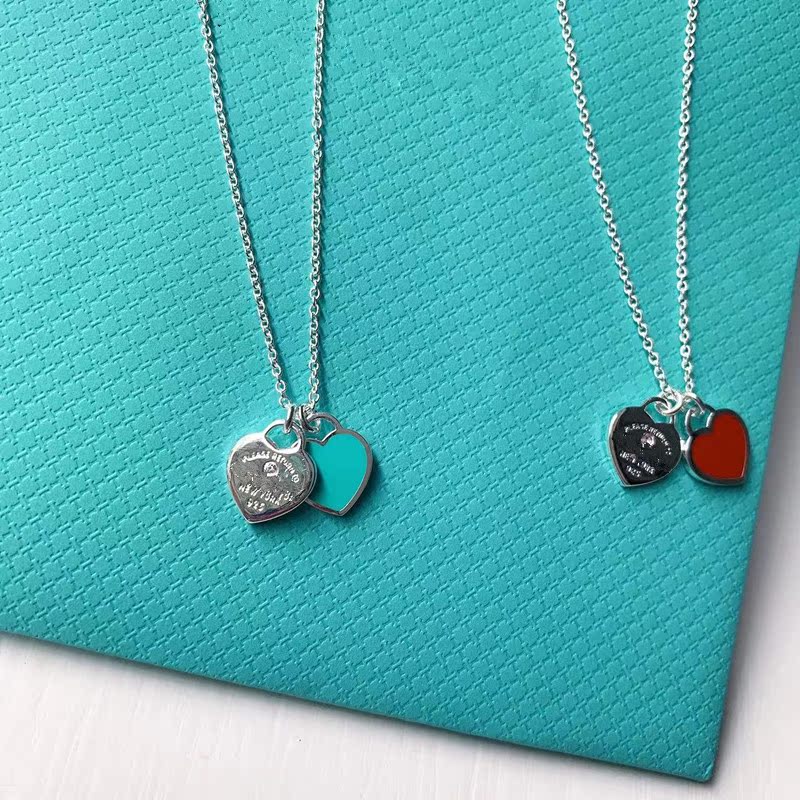 T home 2022 new 925 sterling silver blue heart pink heart double heart love diamond fashion premium necklace female