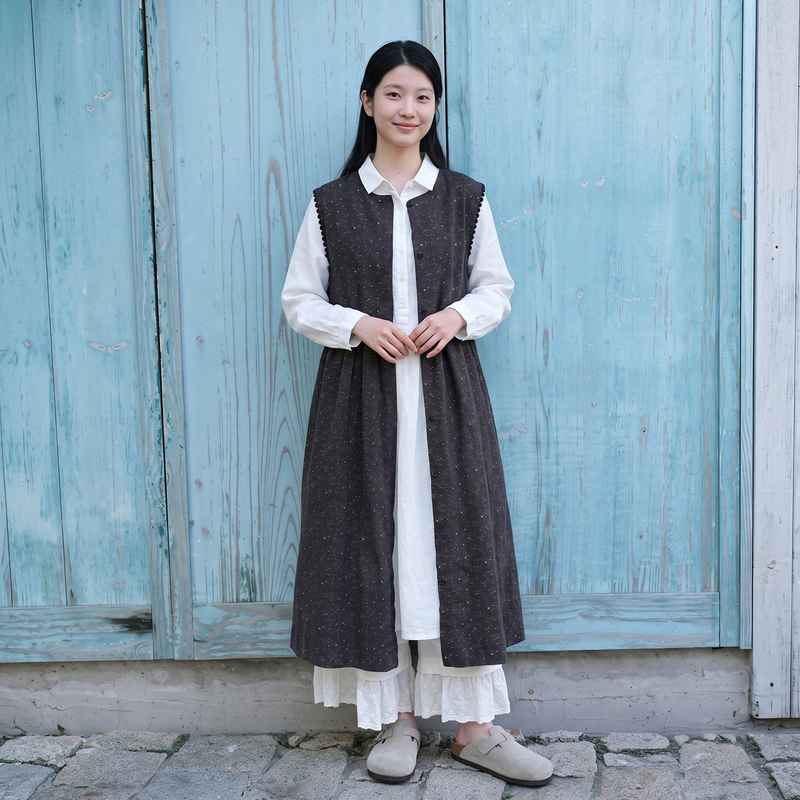 Autumn and Winter Layered Sleeveless Vest Dress, Forest-Style Artistic Cardigan Vest Dress, Length 114, Bust 120