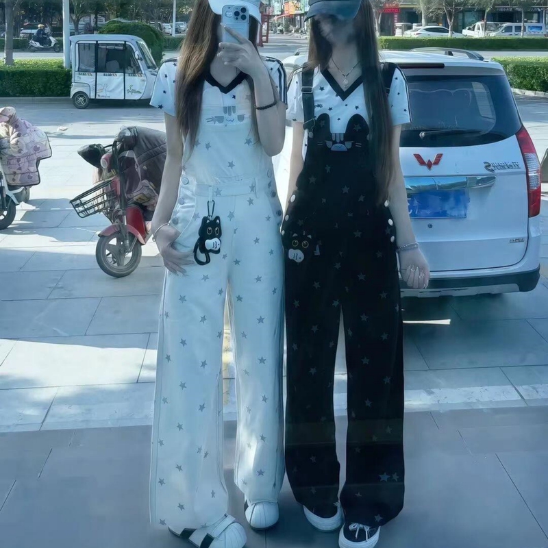 2026 Trendy Cat and Star Print Vintage Denim Overalls for Women, Loose Straight-Leg, Age-Reducing Casual Pants
