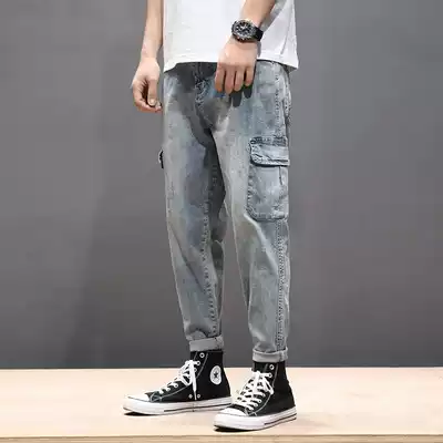 2021 New Harlan pants men's Japanese nine-point fashion jeans without bombs 9-point pants loose tooling Harun