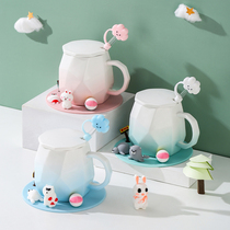 Coffee cup children cute ceramic Mark cup with cover spoon office couple a couple of water cups Home with straw