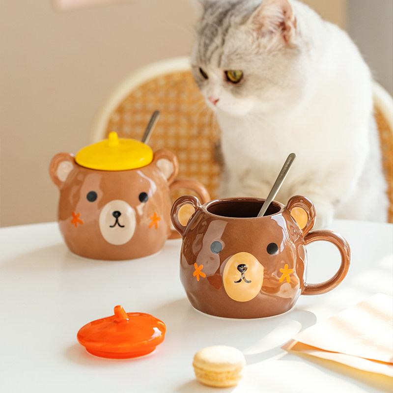 Cute bear mug coffee cup with lid and spoon ceramic cup drinking water home couple water cup girls breakfast