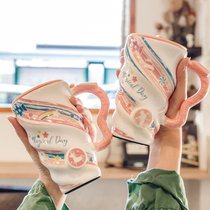 Island deer cute cup creative mark cup with cover spoon personality lovers water glass female ceramic large capacity trendy girl