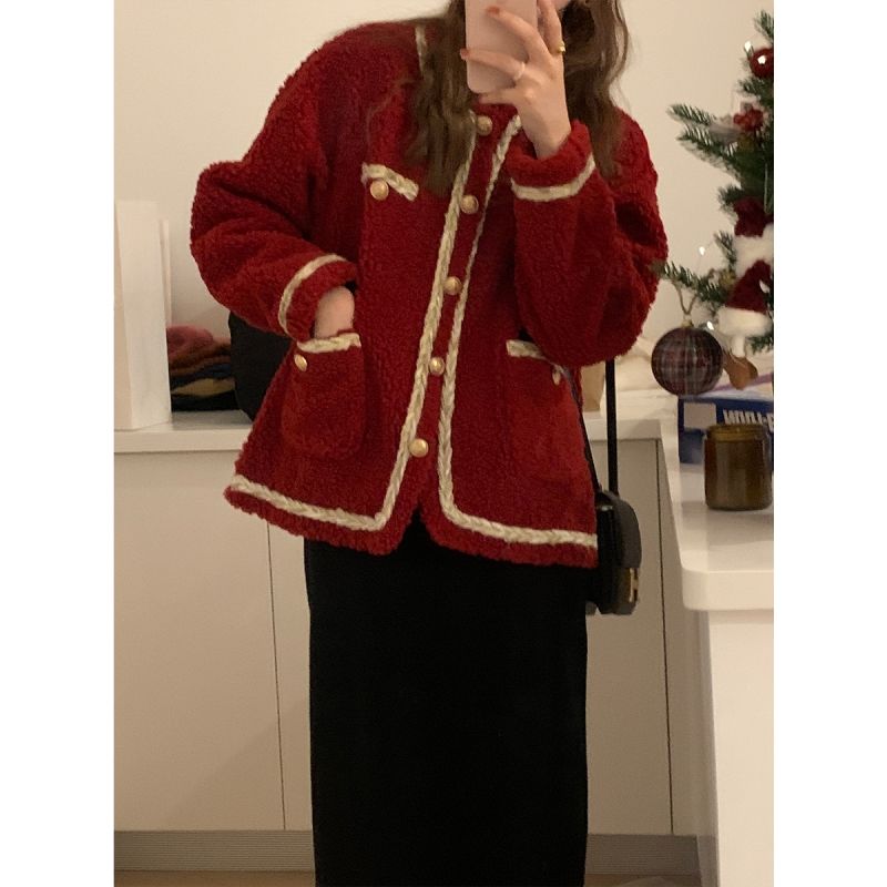 Small Aromas Webbing Webbing Lamb Wool Coats Women Ins Tide Autumn Winter New Korean Version Loose Retro Port Taste Foreign Cotton Clothes