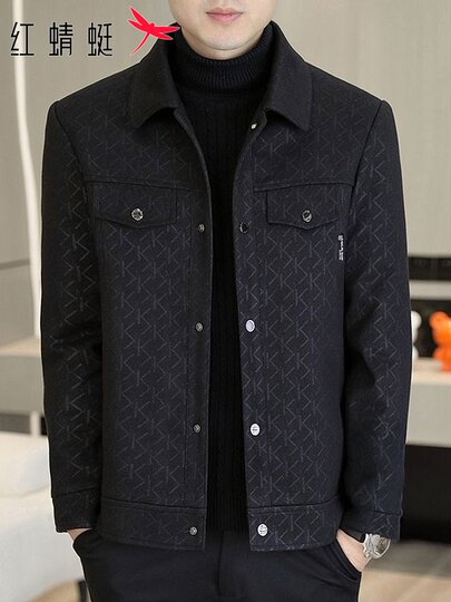 Red Dragonfly Woolen down Jacket Men's Winter New Trendy Lapel down Coat Cold-Proof Warm Woolen Outerwear for Men