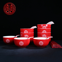 Red double happiness bowls chopsticks spoons tableware set wedding and dowry supplies Chinese wedding wedding gifts for newlyweds