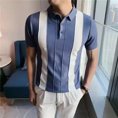 2021 spring and summer new color matching striped men's polo shirt J Korean slim stretch sweater men's short-sleeved T-shirt