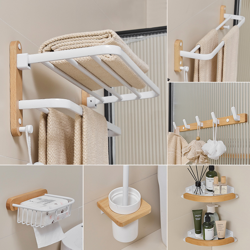 Bathroom rack log wind towel rack toilet free punching solid wood toilet towel rack bathroom white storage