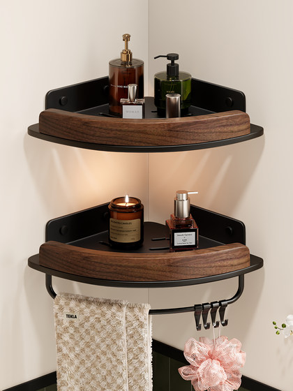 Walnut Bathroom Storage Rack Triangle Shelf No-Drill Toilet Shower Washroom Toiletries and Skincare Rack