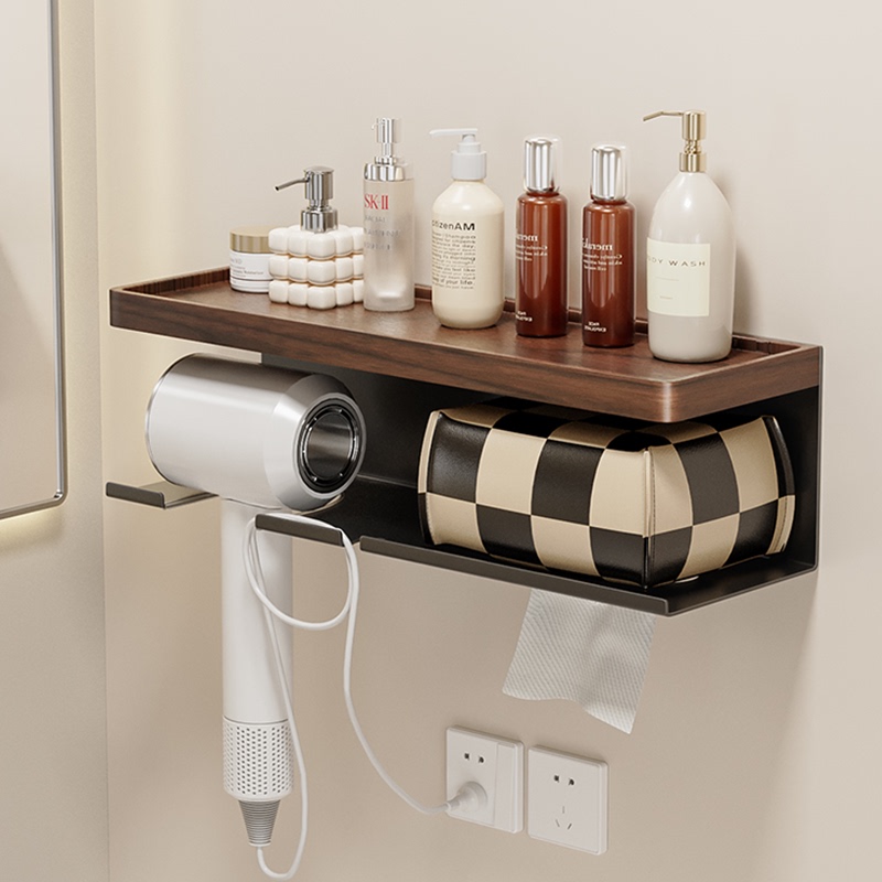 Walnut Wood Hair Dryer and Face Towel Integrated Storage Rack Bathroom Vanity Punch-Free Toilet Paper Holder