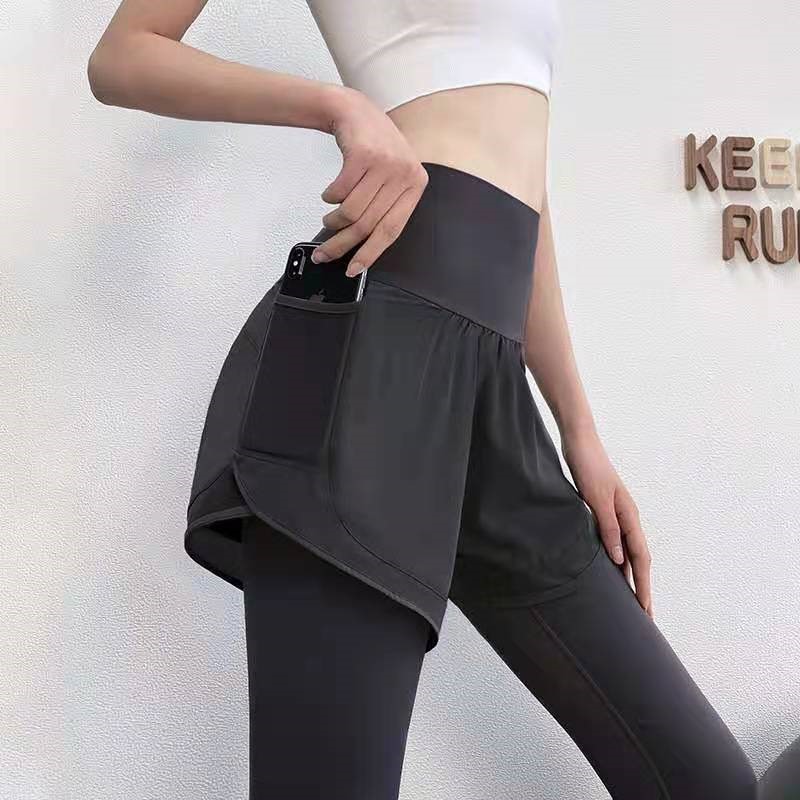 Elastic Pants Woman High Waist Lift Hip Fake Two Running Yoga Pants Fitness Tight Outwear Training Quick Dry Sports Pants Woman