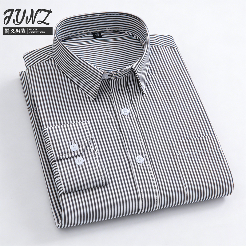 Spring and Autumn Striped Shirt for Men, Long-Sleeved, Square Collar, Business Casual, Wrinkle-Resistant, Non-Iron, Polyester-Cotton Shirt, Outerwear