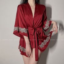 Sunset rose French silk nightdress lace-up sexy robe summer light fireworks shop