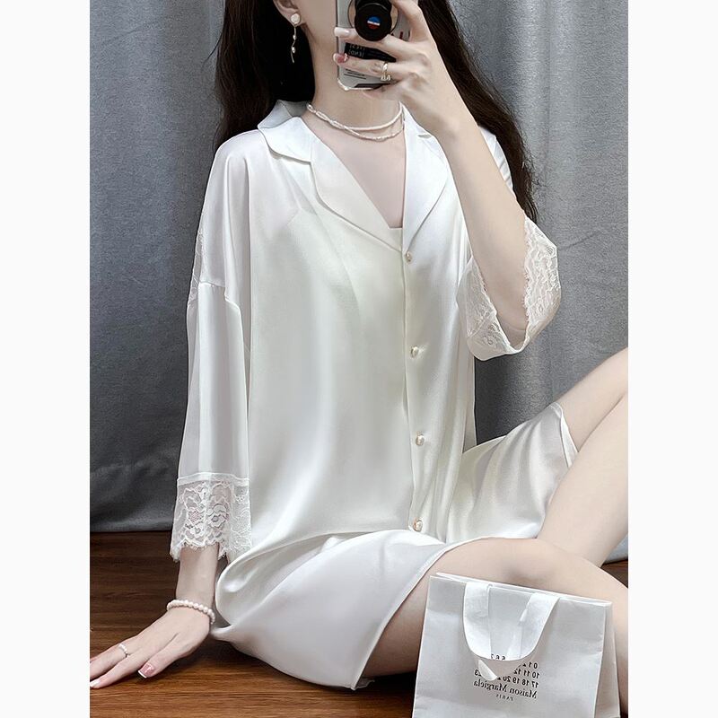 Victoria Bf Pure Lust Style White Shirt Silk Nightgown for Women Summer Lace Sexy Home Draped Thin
