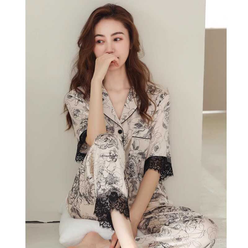 Victoria Light Luxury High-End Silk Pajamas for Women, Summer Chinese Style Ice Silk Short-Sleeved Long Mulberry Silk Loungewear