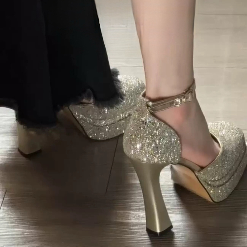 Champagne Gold Thick-Soled Chunky Heel Shoes for Women 2024 New Fashion Sexy Double-Layer Waterproof Platform High Heels That Are Comfortable and Don'T Tire Your Feet Champagne Gold Thick-Soled Chunky Heel Shoes for Women 2024 New Fashion Sexy Double-Layer Waterproof Platform High Heels That Are Comfortable and Don'T Tire Your Feet