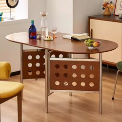Vintage Solid Wood Folding Dining Table for Small Apartments, Stainless Steel Oval Table with Extendable Design, Coffee Table