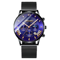 New cool fashionable mens watch multifunctional three-eye 6-pin sun moon stars calendar luminous waterproof mens watch trendy