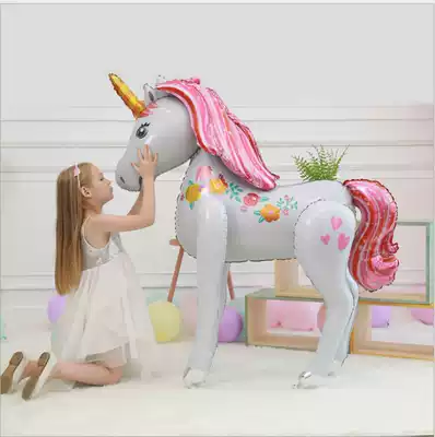 Large rainbow pony horse balloon 3D aluminum film Unicorn Children cartoon baby birthday decoration balloon scene layout