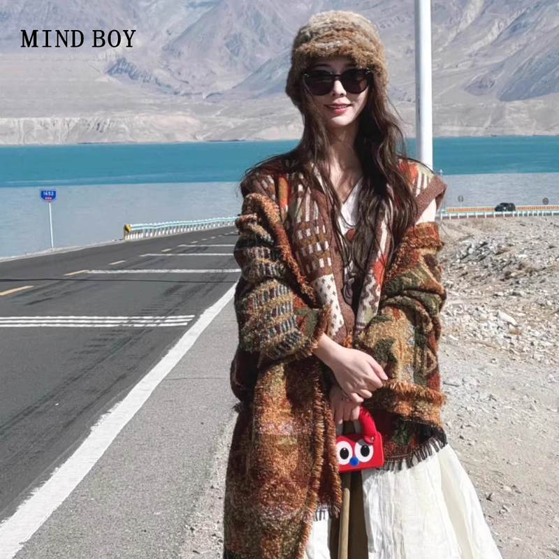Mind Boy Bohemian Ethnic Style Shawl for Women, Autumn and Winter Warm and Thickened Travel Photo Cape Mind Boy Bohemian Ethnic Style Shawl for Women, Autumn and Winter Warm and Thickened Travel Photo Cape