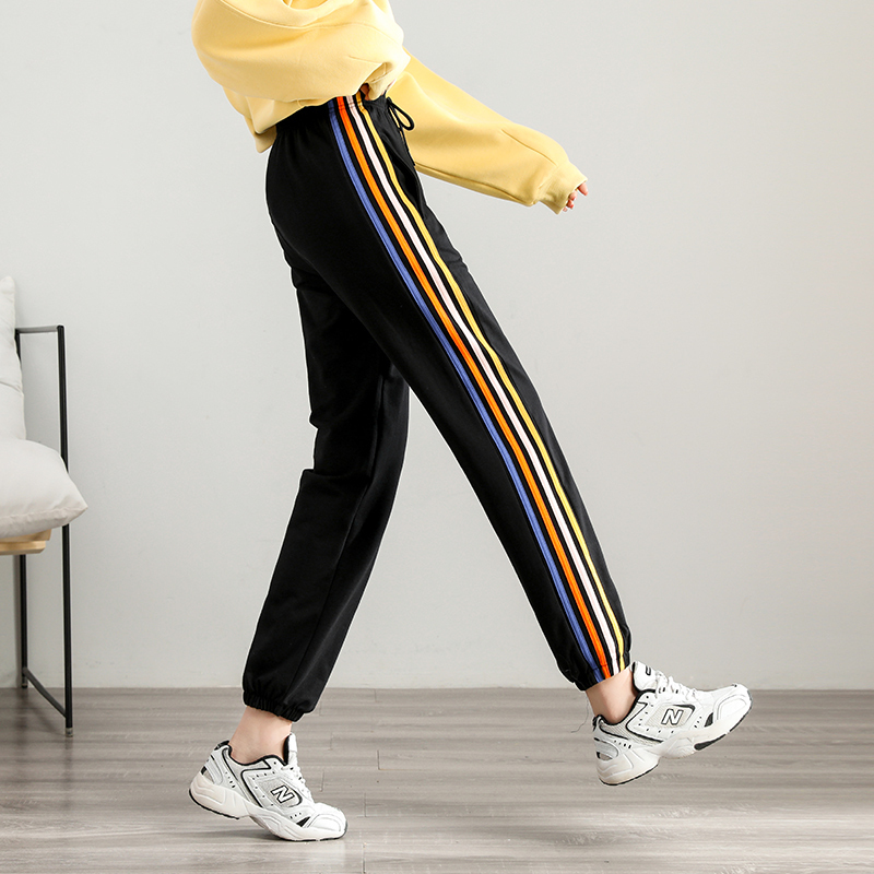 Pure Cotton Sweatpants for Women, Spring and Summer, Loose Fit, Jogger Style, Black, Plus Size, Casual, Color-Blocked, Side Rainbow Stripe, Sports Pants