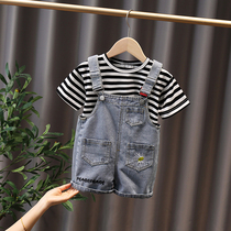 Childrens denim back with pants suit 2022 New girl streaks Summer female baby Summer shorts Two sets