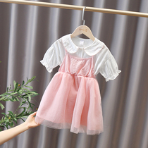 Girl Harnesses Suit Skirt Summer 2022 New Kids Cute Dolls Collar Baby Netting Dress Two Sets