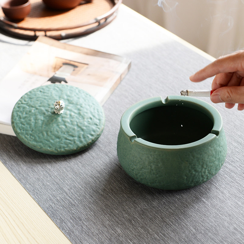 Retro kiln ceramic ashtray anti-flying ash with lid large tea dregs cylinder simple home bedroom living room customization - Taobao
