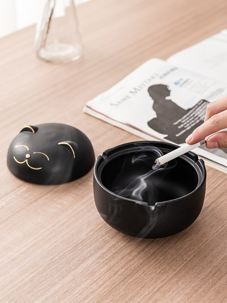 Lucky cat ashtray anti-smoke smell with lid frosted ceramic cute cartoon style dormitory upper bunk artifact custom logo - Taobao