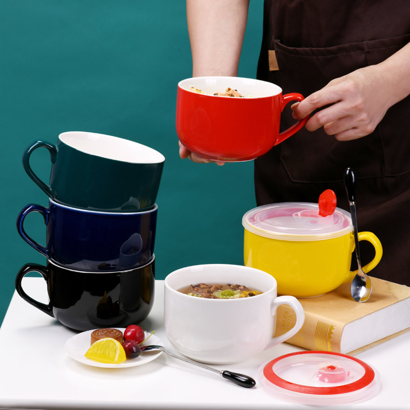 Ceramic large-capacity mug oversized with lid spoon microwave milk cup breakfast oatmeal cup instant noodles custom logo