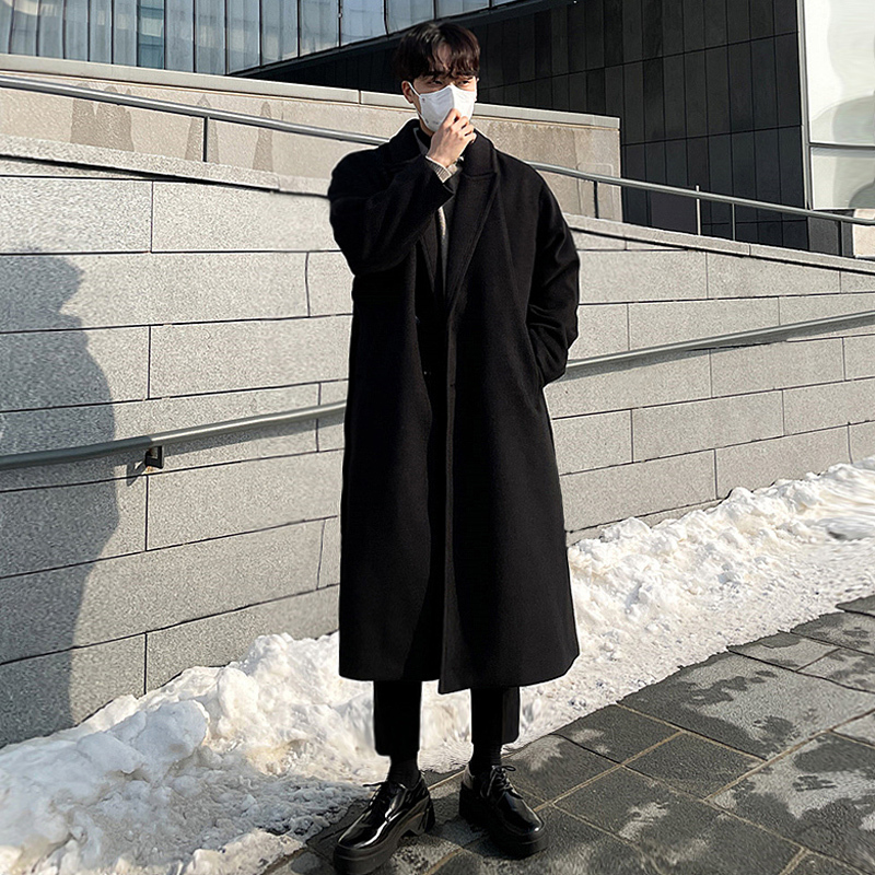 Men's Woolen Coat, Mid-Length, Over-The-Knee, Black, Autumn and Winter, Fleece-Lined, Thickened Woolen Jacket, ins Trendy Korean Style Trench Coat