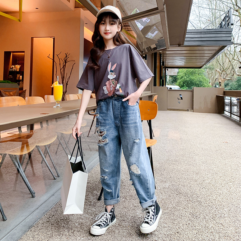 Girl's summer dress trendy children suit short sleeves CUHK Scout red 2022 New Yangpie Cowboy Summer Two sets