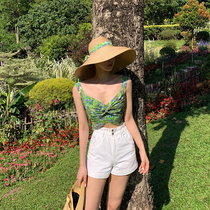 XIAOLI summer cicadas sing grass green bow floral camisole with short sleeveless top women wear summer outside