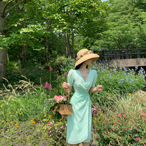 XIAOLI mint green bubble sleeve V-neck floral chiffon dress 2021 new spring French tea break skirt summer