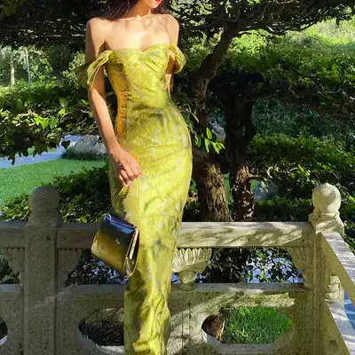 XIAOLI green snake one-shoulder French retro suspender dress 2021 new temperament slim skirt female summer