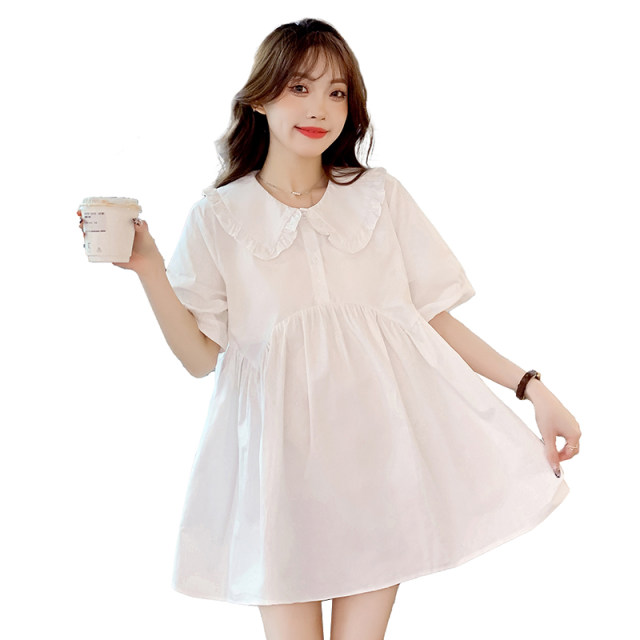 Plus size ແມ່ຍິງຖືພາ summer fashion doll collar top petite-covering loose a-line short-sleeve white shirt 200 pound