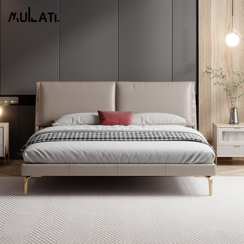 Wooden lati-style light extravagant modern Nordic minimalist soft leaning bag genuine leather 1 8 m double main sleeper wedding bed