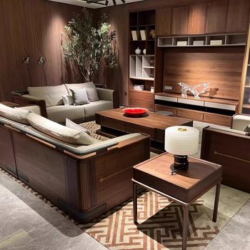 New chinese style genuine leather north american black walnut solid wood sofa