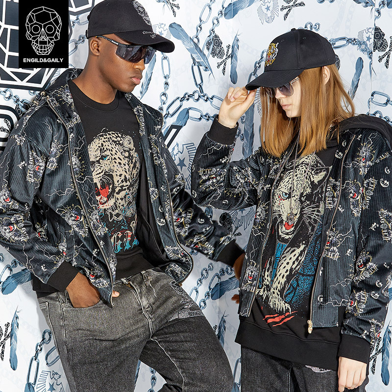 Engild&Gaily Autumn Men's Printed Leopard Head Baseball Jacket Long-Sleeved European and American Retro Casual Jacket