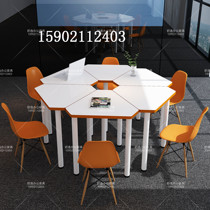 Hexagonal Splicing Table Fewer Children English Calligraphy Calligraphy Desk Library Seminar Classrooms Table And Chairs Cultural Activity Room Arrangement