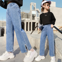 Girls denim wide leg pants 2021 New Spring childrens clothing foreign style Korean version of loose thin fashionable middle child pants