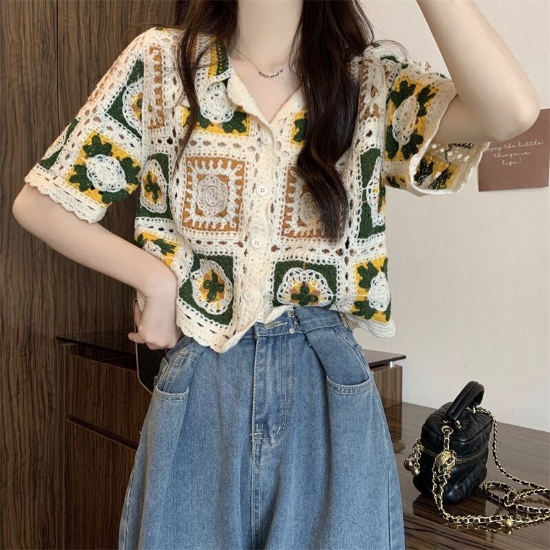 French Retro Crochet Short-Sleeved Shirt for Women, Summer Design, Niche, Stylish, Unique and Chic, Short Top French Retro Crochet Short-Sleeved Shirt for Women, Summer Design, Niche, Stylish, Unique and Chic, Short Top