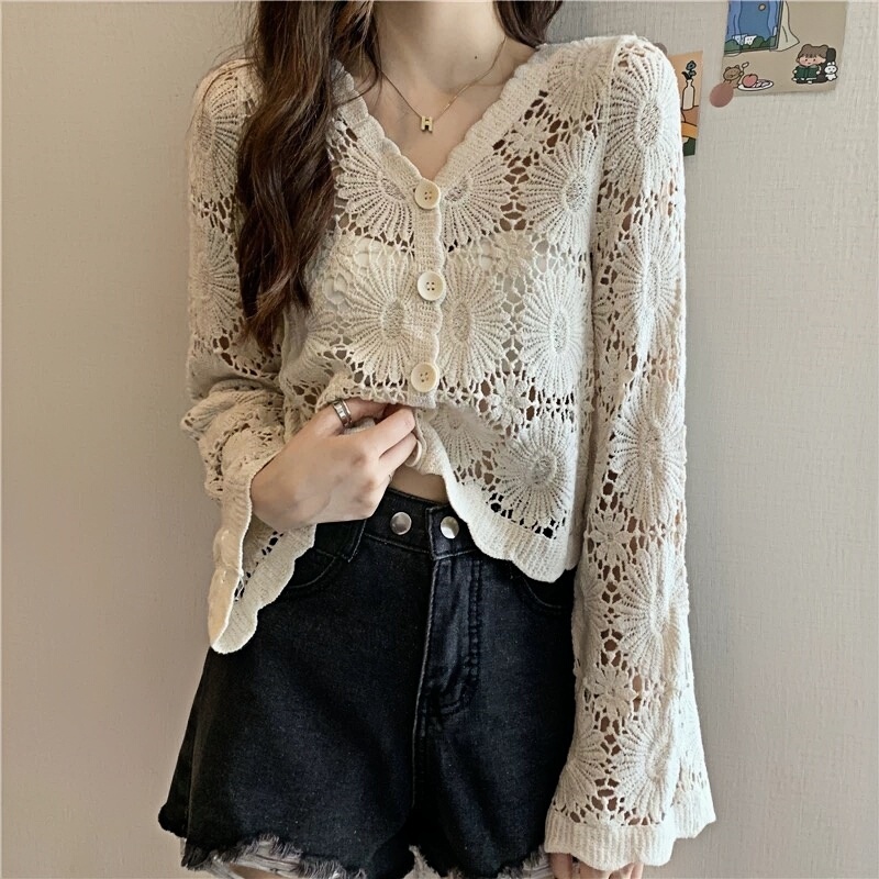 Summer Sun Protection Blouse V-Neck Crochet Hollow Ice Silk Thin Knitted Cardigan Short Jacket Long-Sleeved Top Women's Clothing Summer Sun Protection Blouse V-Neck Crochet Hollow Ice Silk Thin Knitted Cardigan Short Jacket Long-Sleeved Top Women's Clothing