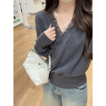 Sweet and Spicy Lace V-Neck Sweater for Women, Suitable for Spring, Autumn, and Winter, with a High-End Chanel-Inspired Style, Slim-Fit Knit Base Layer Long-Sleeve Top