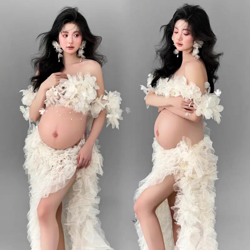 New Studio Maternity Photography Outfit, French Retro Oil Painting Style Lace Gauze Dress, Beautiful and Pure, for Pregnant Moms Photography