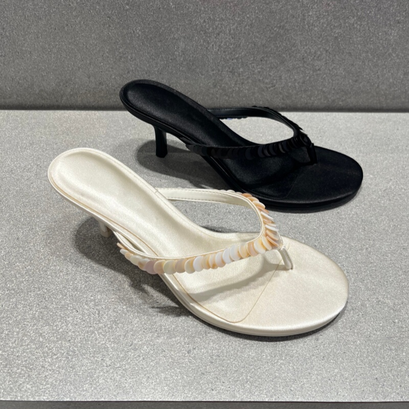 Women's Thong Sandals for Summer 2026 New Style 60280510 Shell Sequin Thin Mid-Heel Sandals French Flip-Flops