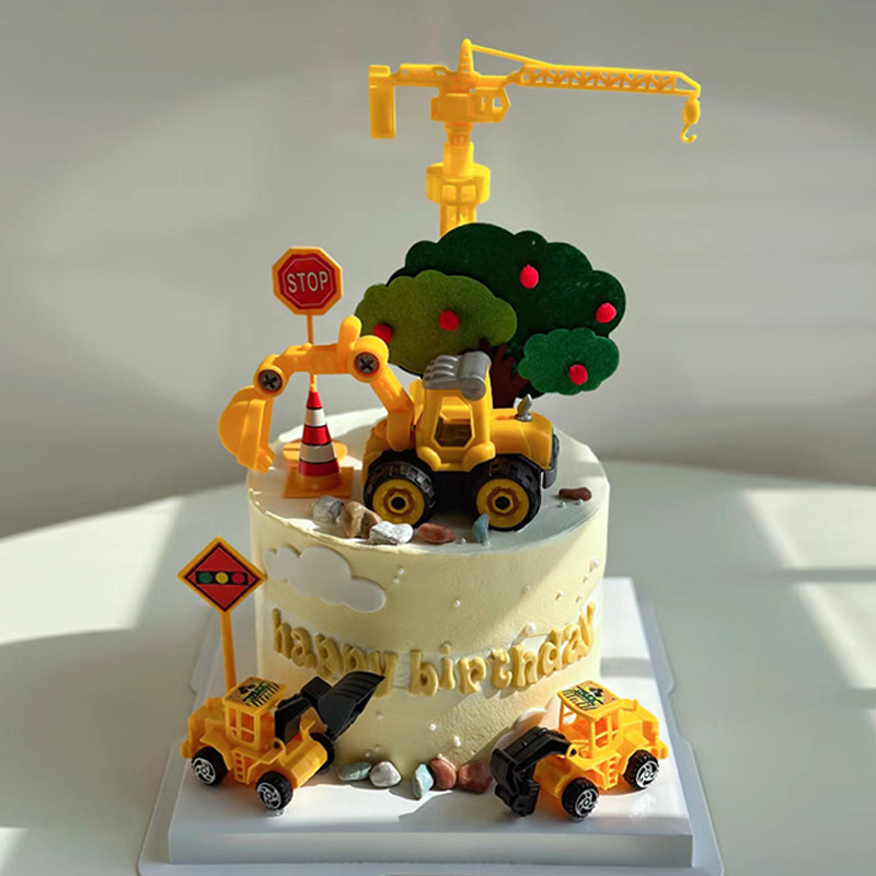 Engineering Care Cake Decoration Fittings Excavator Cage Crane Children's Year Old Toys Birthday Party Plugin