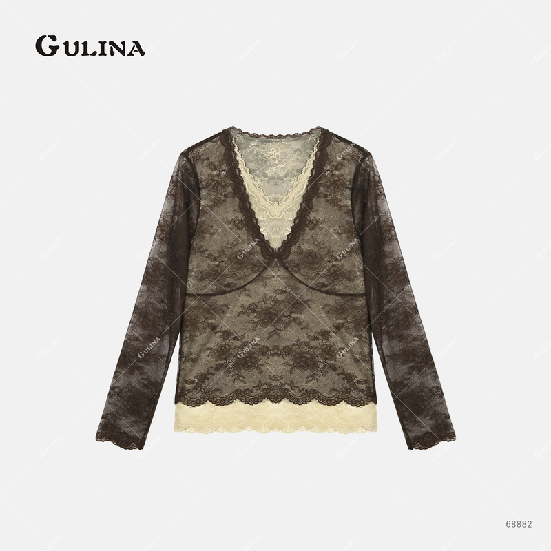 Gulina/Najie Gentle Style V-Neck Lace Patchwork Faux Two-Piece Long Sleeve Top for Women, Commuting Style, Slimming and Elegant Gulina/Najie Gentle Style V-Neck Lace Patchwork Faux Two-Piece Long Sleeve Top for Women, Commuting Style, Slimming and Elegant