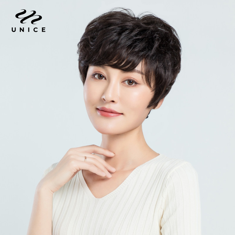 Wig women's short hair fluffy natural round face mother's hair real hair silk lifelike middle-aged and elderly models cover headgear